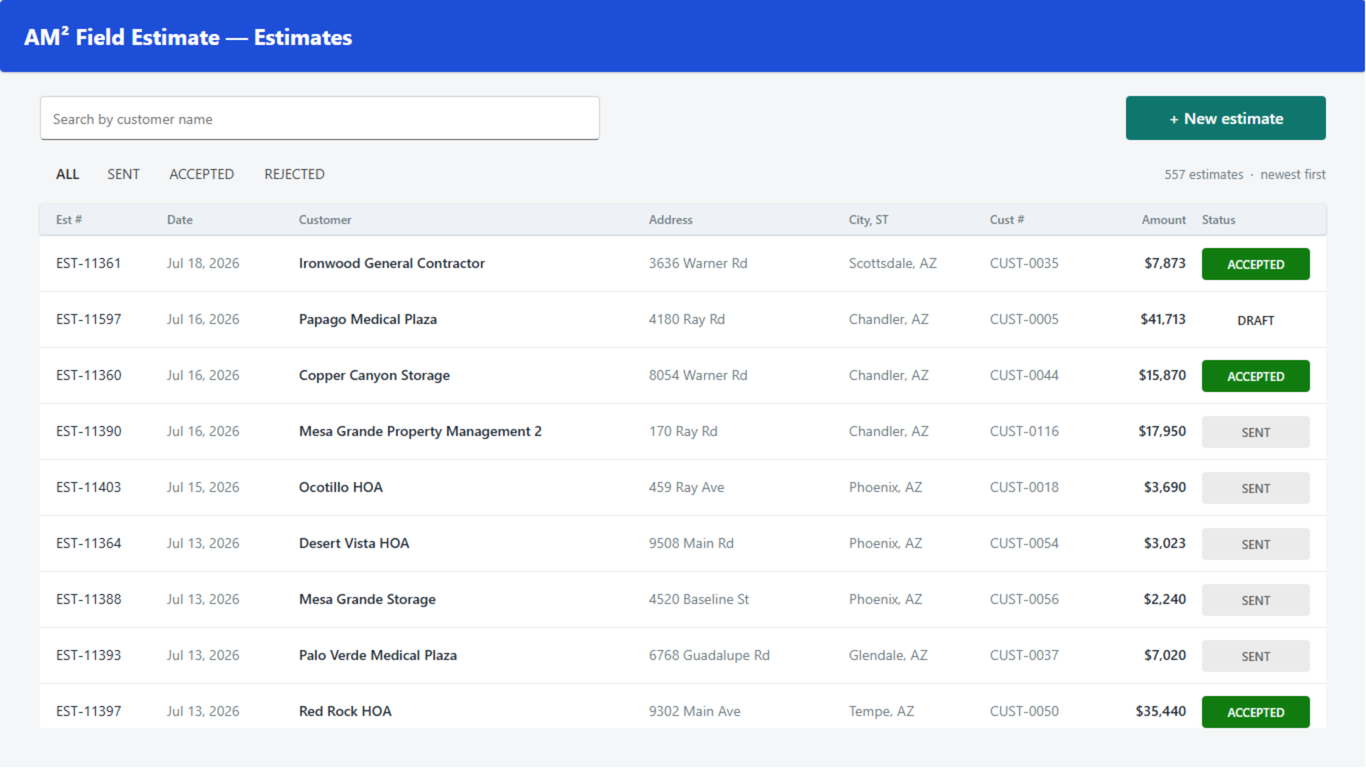 AM² Field Estimate app — estimate list showing 557 sample bids with status badges (sample data)