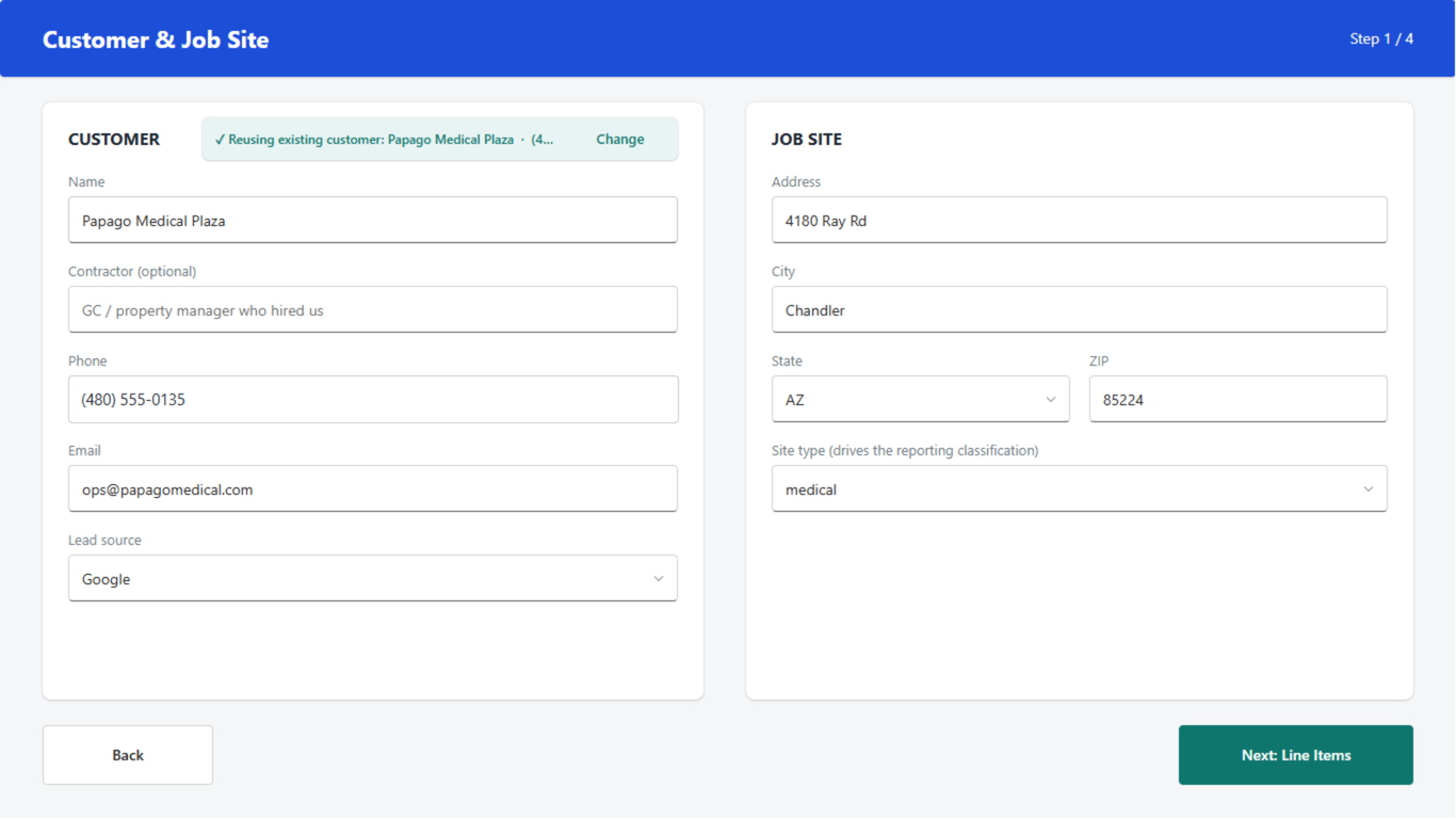 Customer and job-site screen with Papago Medical Plaza selected from the saved list (sample data)