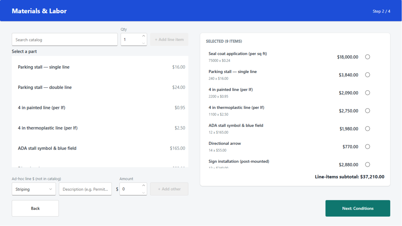 Materials and labor screen with nine selected line items totaling $37,210 (sample data)