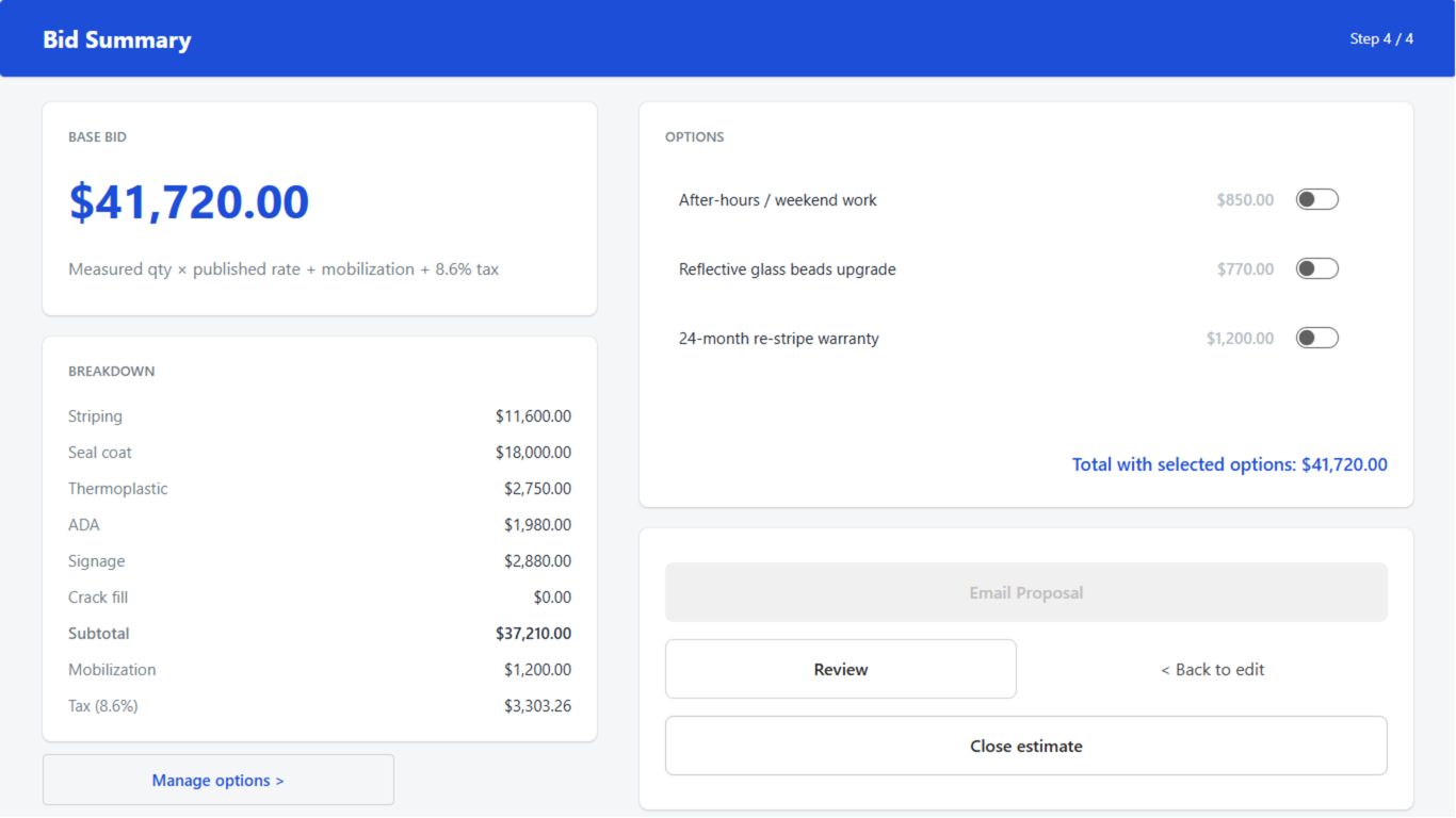 Bid summary screen with a $41,720 base bid and per-service cost breakdown (sample data)