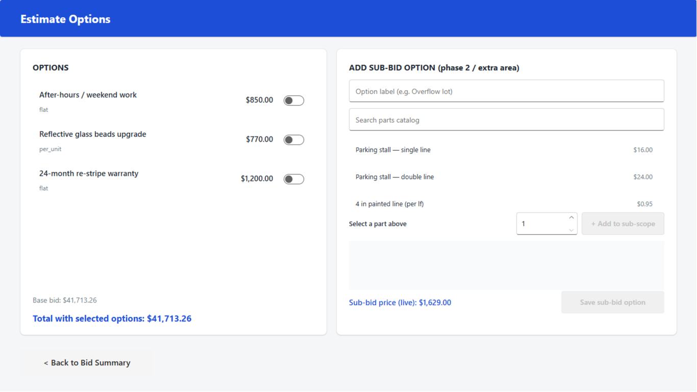 Estimate options screen with after-hours, glass beads, and warranty add-ons (sample data)