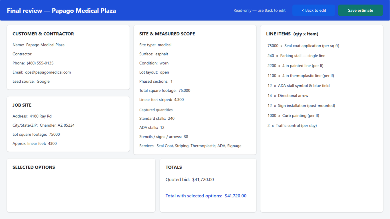 Final review screen summarizing the full estimate with a save button (sample data)