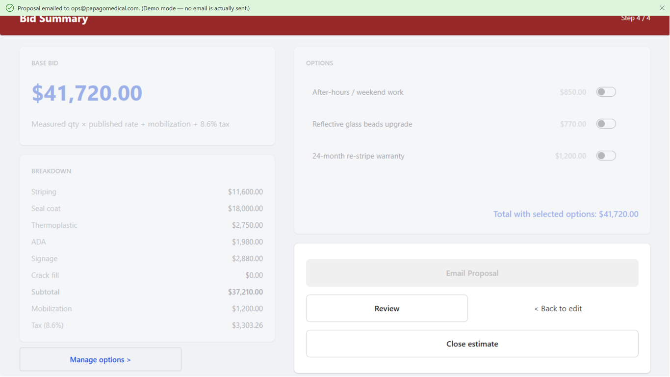 Bid summary screen locked after sending, with a proposal-emailed confirmation (sample data)